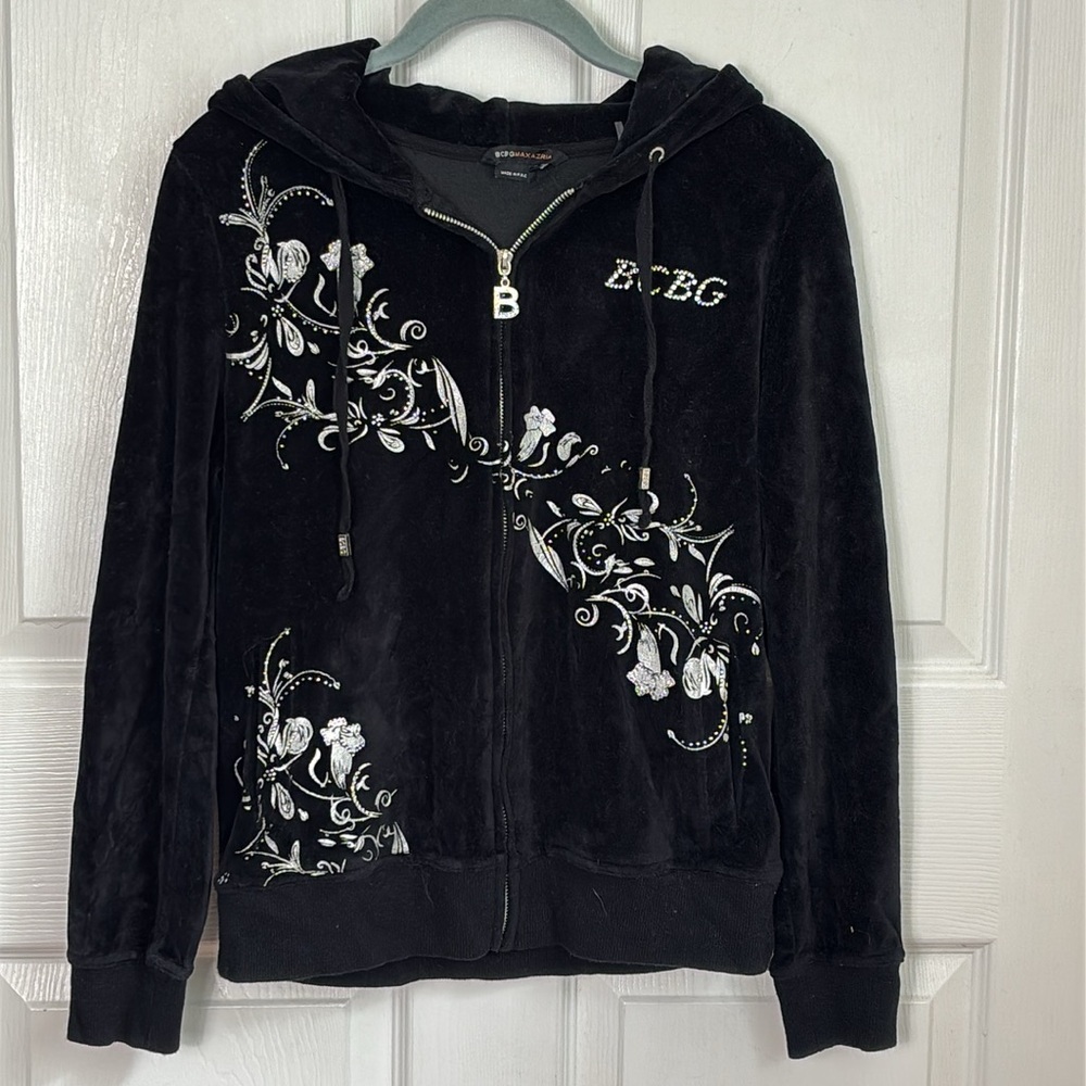 BCBG Y2K black velvet zip up hoodie rhinestone embellished size Medium birds - Picture 2 of 11